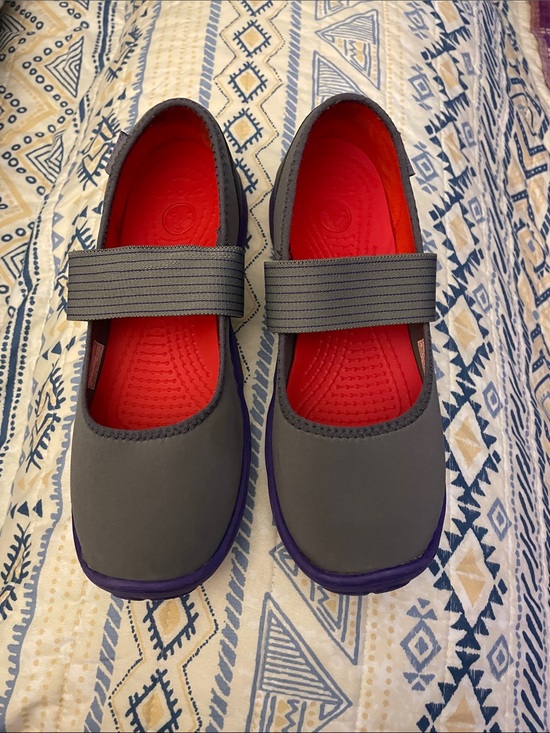 CROCS Shoes - CROCS Gray Mary Jane Flats with Purple Trim and Red Insole